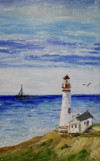Oil painting 5x8". Lighthouse on the seashore. Sailboat.Modern stylish mini art.