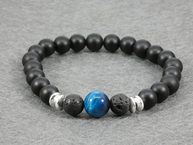 Lot De 2 Bracelets Pierres Naturelles – Lave, œil De Tigre Bleu Et Onyx – Sur Mesure, Faits Main