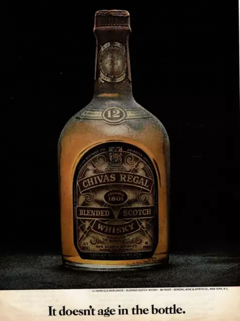 1972 Vintage Print Ad Chivas Regal Blended Scotch Whisky It doesn't age bottle