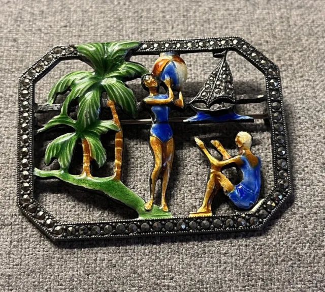 Vintage UNCAS Sterling Silver Enamel Art Deco Pin Tropical Beach Palm Ball Scene