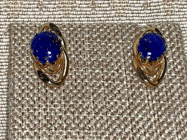 Vintage Lapis Lazuli Glass Screw Back Earrings Gold Tone Swirl Setting