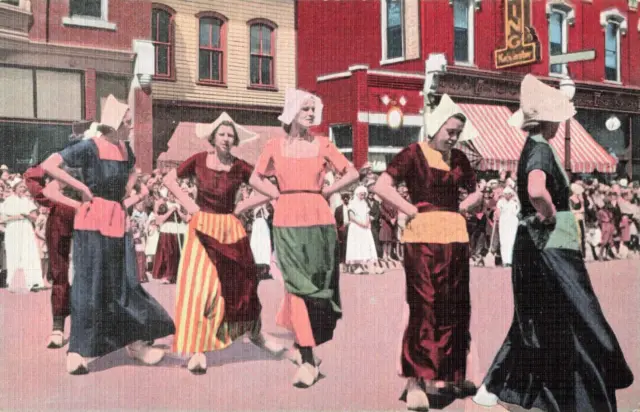 Holland MI Michigan, Tulip Time, Dutch Folk Dancing Girls, Vintage Postcard