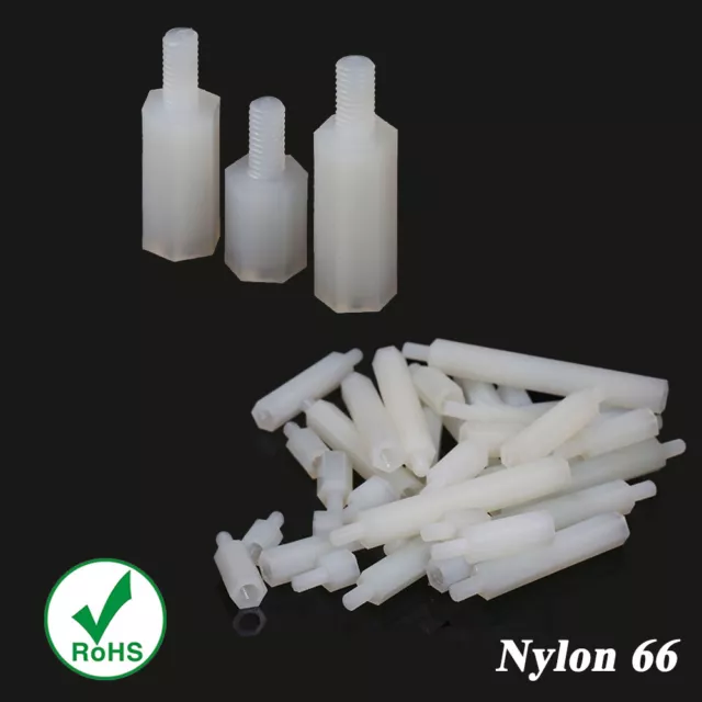 White Plastic Nylon M2 M3 M4 Male x Female Threaded Hex Standoffs Spacer Pillars