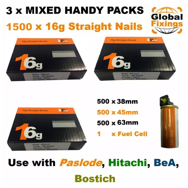 MIXED 38mm, 45mm, 63mm 16g STRAIGHT 1.5k Nail Pack & 1 Fuel Cell - Paslode IM65