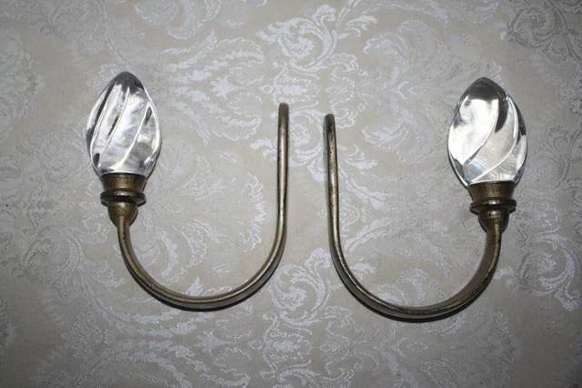Vintage Pair Brass Color & GLASS Curtain Drapery Tie HOLDBACK Draw Back HOOKS