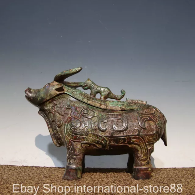 10.4" Old Chinese Bronze Ware Dynasty Palace Bull Oxen Dragon Beast Statue