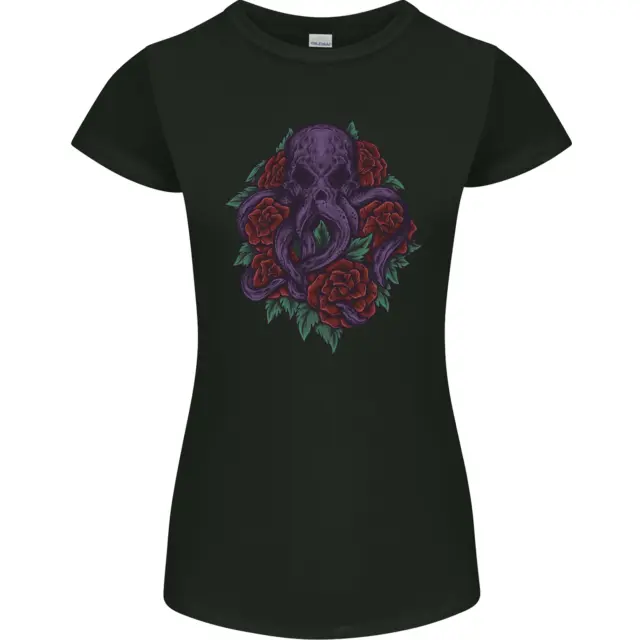 T-shirt donna Octopus Skull Cthulhu Kraken con rose taglio petite