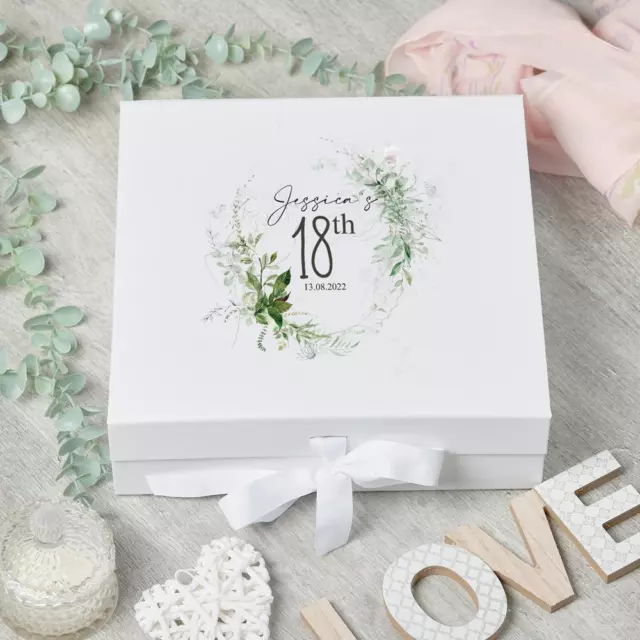 Personalised 18th Birthday Keepsake Box Gift With Botanical Design UV-896