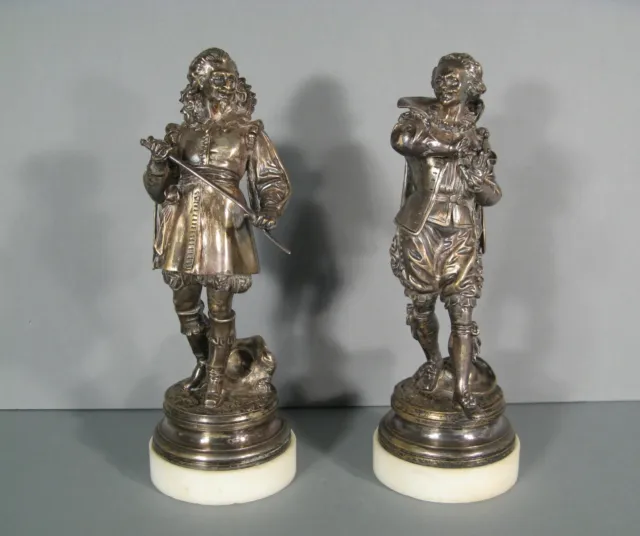 Gentilhommes Duellistes Ancienne Paire Sculptures Bronze Argenté Signé Claude