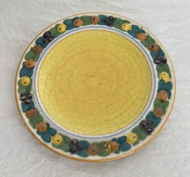 Small Yellow Majolica 5.5” Plate Italy Vintage Fruit Wreath Della Robbia  Style
