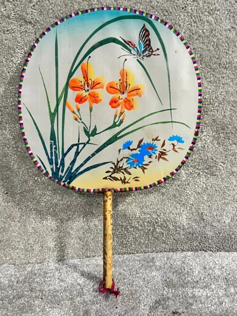 Vintage Antique Hand Fan Floral And Butterfly Design Pattern