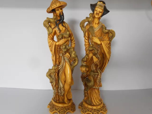 Vintage Pair Of Heavy Oriental Hand Carved Resin Sculpture Figures
