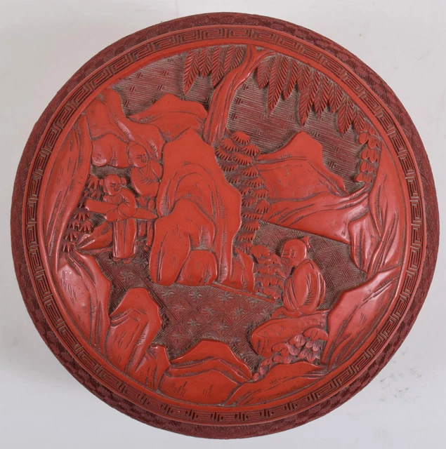Chinese Red Cinnabar Lacquer Circular Box Decorated with Rock Garden Qing