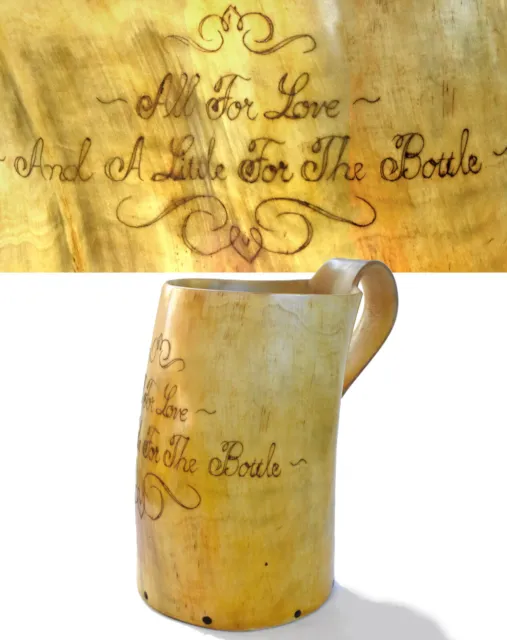 18 oz. Natural Horn Tankard - Script Engraved "All for Love" - Signed, Dated '08