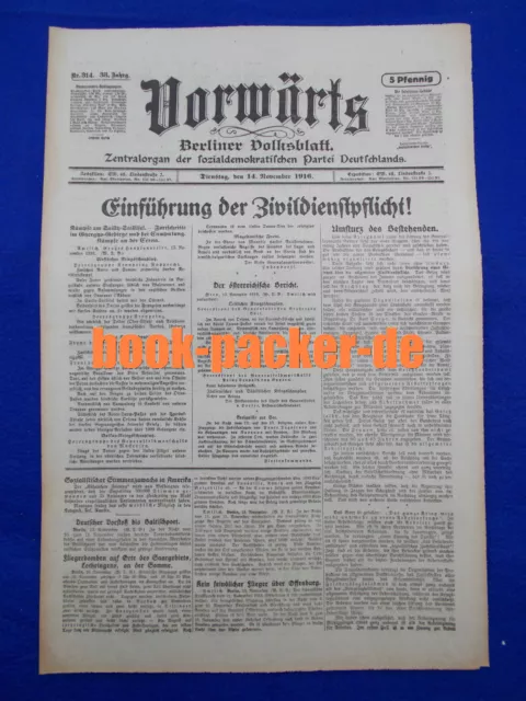 VORWÄRTS (14. November 1916): Einführung der Zivildienstpflicht!