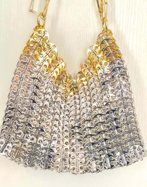 Sac Bandoulière Métallique Scintillant Or Et Argent - Style Paco Rabanne, Finition Métallique Multicolore, Neuf Sans étiquette