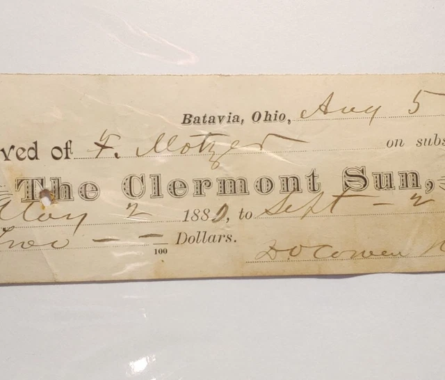 1881 The Clermont Sun Newspaper Billhead Receipt Batavia Cincinnati Ohio 1800s