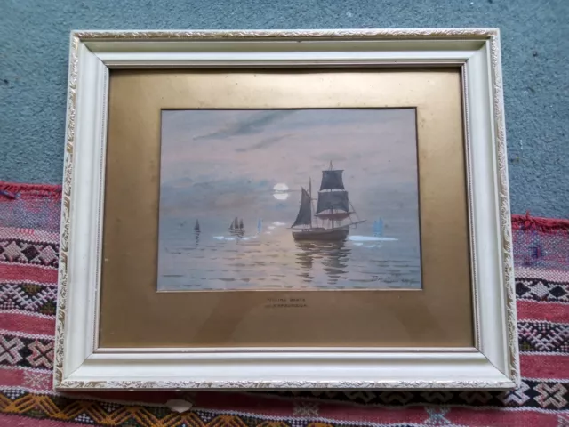 Framed Original  Watercolour by Tom Williams Fishing Boats over Scarborough