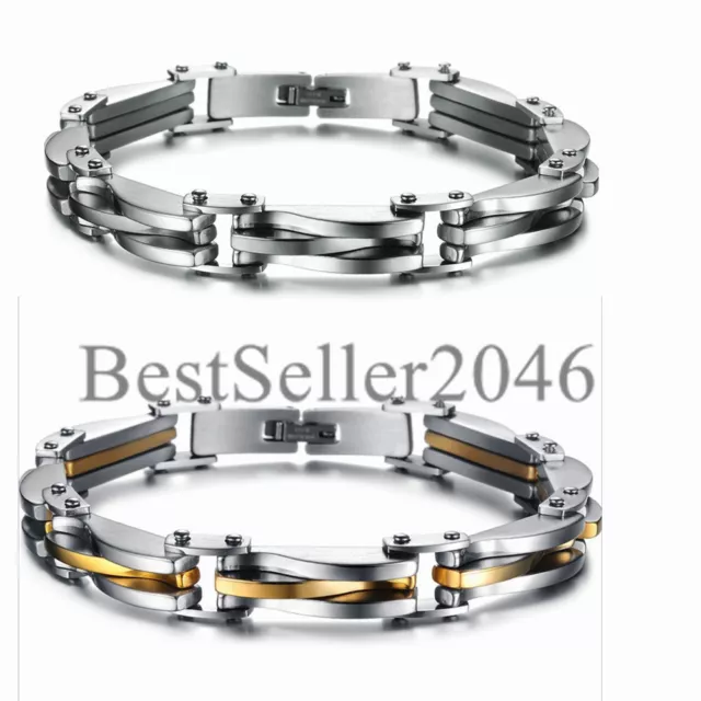 Two Tone Stainless Steel Mens Chain Link Bracelet Wristband Cuff Bangle 8.7"