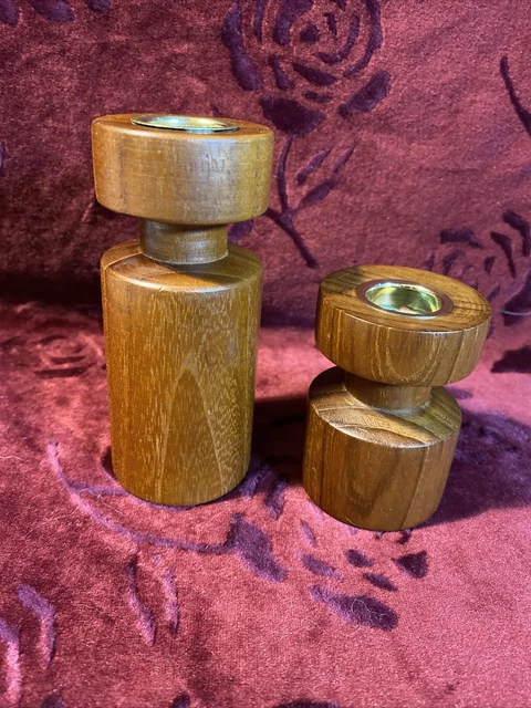 Pair Mid Century Modern Danish Teak Wood Candlesticks Candle Holders MCM