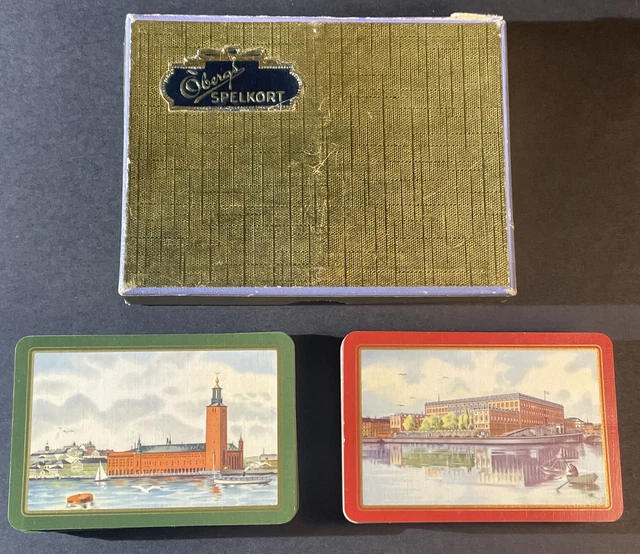 Vintage Bridge Playing Cards Obergs Spelkort Sweden Double Deck 1952 Gold Box