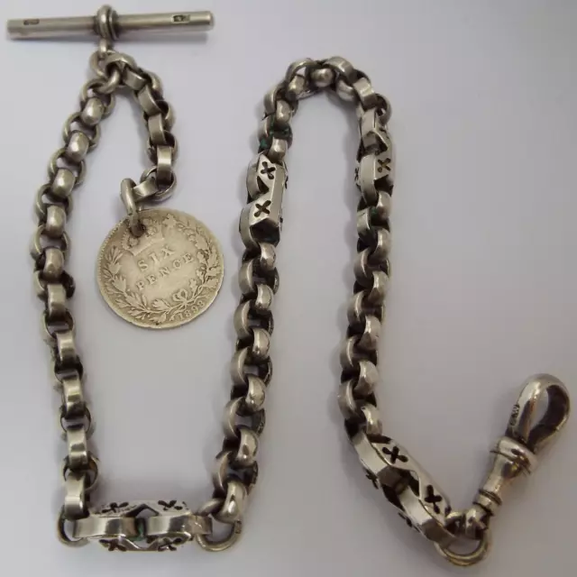 Lovely Decorative English Antique 1893 Sterling Silver Fancy Link Albert Chain