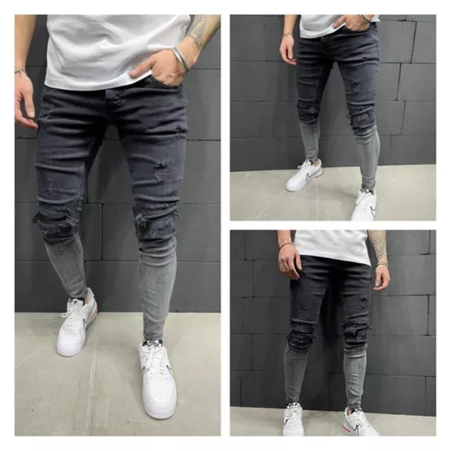 Mens Ripped Distressed Skinny Jeans Denim Pants Casual Stretch Slim Fit Trousers