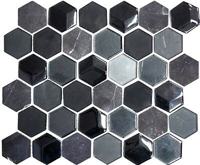Mosaico de vidrio piedra natural hexágono negro gris espejo azulejo 11D-33_b | 1 alfombra