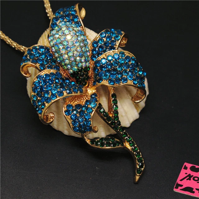 New Betsey Johnson  Blue Bling Flower Rhinestone Crystal Pendant Chain Necklace 3