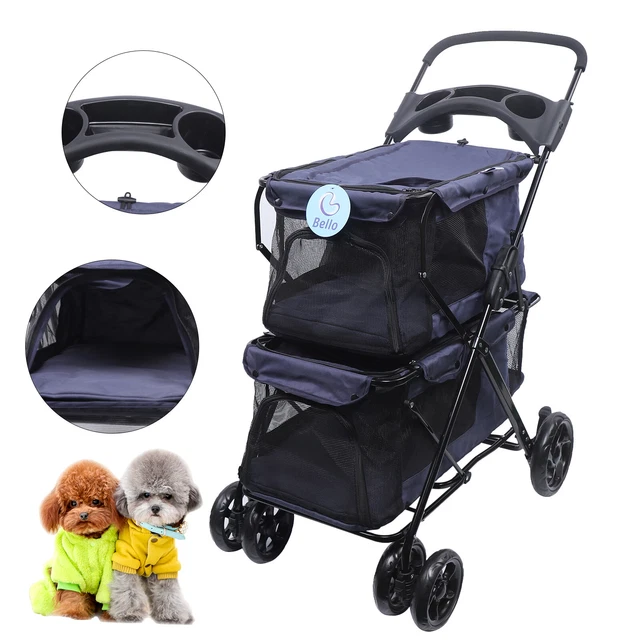 Carrito plegable 4 ruedas perro azul cochecito mascota buggy 2 capas 40x85x99 cm nuevo