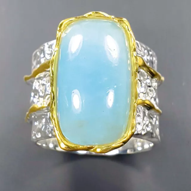 Breiter Designerring 925er Silber -14ct Gold -Aquamarin-Cabochon - RG: 18-57