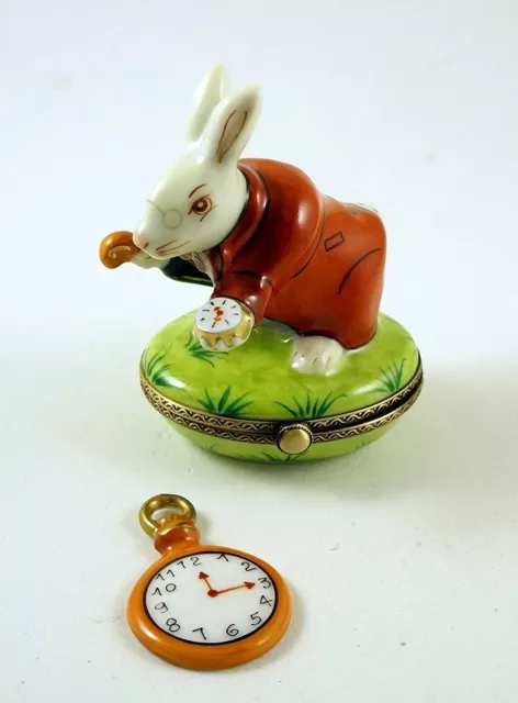 New Hand Painted French Limoges Trinket Box Alice in Wonderland Rabbit w Clock