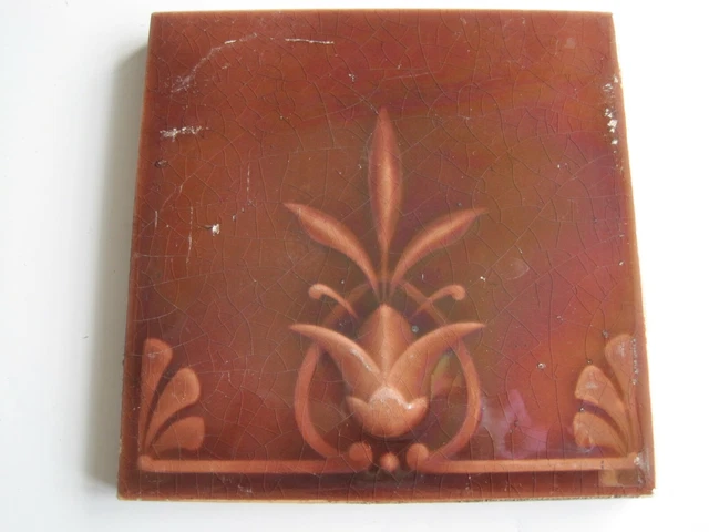 ANTIQUE VICTORIAN MINTONS 6" SQ.  MOULDED & MAJOLICA GLAZED TILE c1875-1910