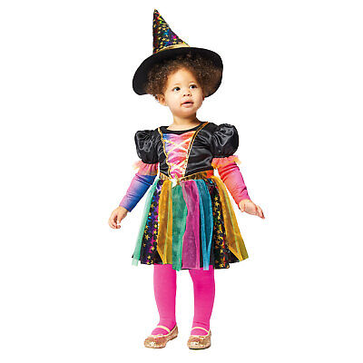 Childs Rainbow Shine Witch Fancy Dress Halloween Costume Toddlers Girls Outfit