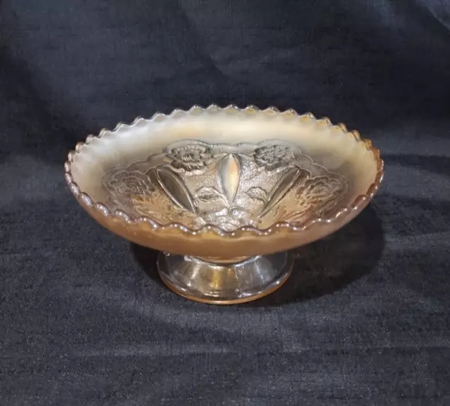 Vtg Dugan Diamond Double Stem Rose Marigold Carnival Glass Compote Footed Bowl