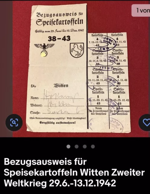 Bezugsausweis für Speisekartoffeln Witten Zweiter Weltkrieg 29.6.-13.12.1942
