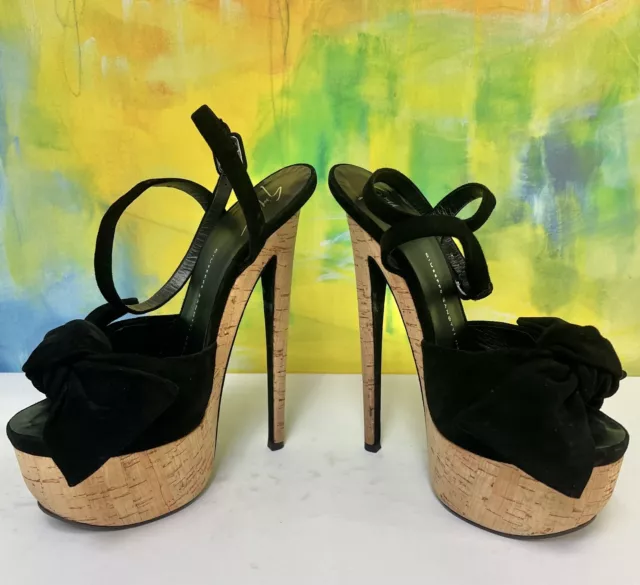 GIUSEPPE ZANOTTI $1195 Denny115 Black Skyhigh AnkleStrap CorkPlatform EU37 US6.5