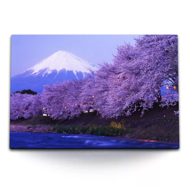120x80cm Wandbild auf Leinwand Fuji Vulkan Japan Kirschblüten Violett Schneegipf