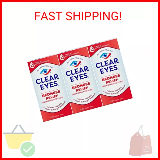 Clear Eyes Redness Eye Relief Eye Drops, 0.5 Fl Oz, Pack of 3