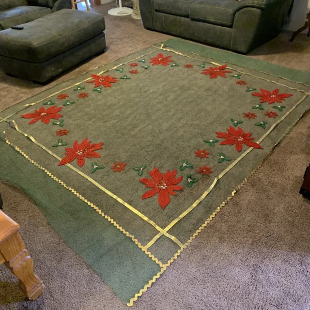 Vintage Handmade Tablecloth Poinsettia Green Tulle Felt Beaded Rickrack 81x107 2