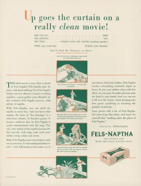 1928 Fels Naptha Curtain On Clean Movie Anthropomorphic Soap Vtg Print Ad PR4