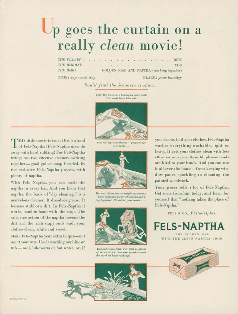 1928 Fels Naptha Curtain On Clean Movie Anthropomorphic Soap Vtg Print Ad PR4
