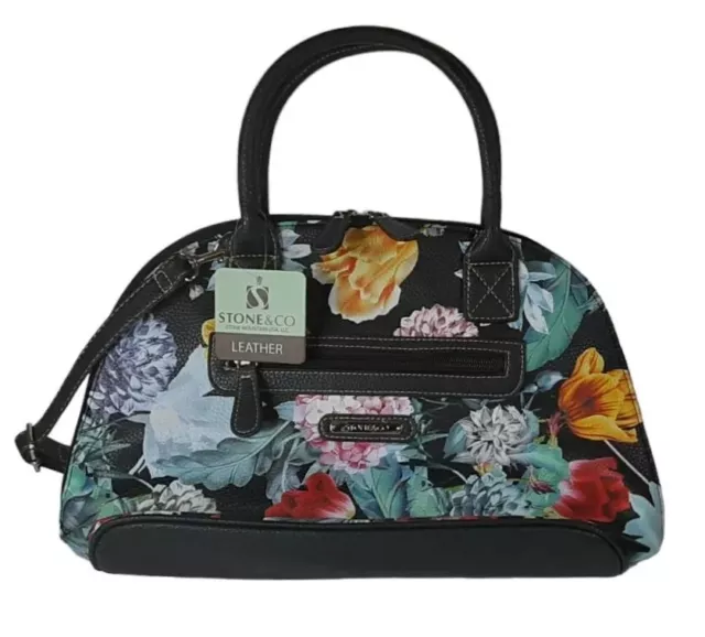 Womens Purse Stone & Co Leather Large Satchel Black Bag Floral Adjustable-New