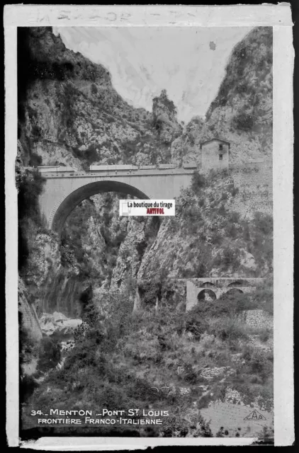 Plaque verre photo négatif noir & blanc 9x14 cm, Menton pont, carte postale