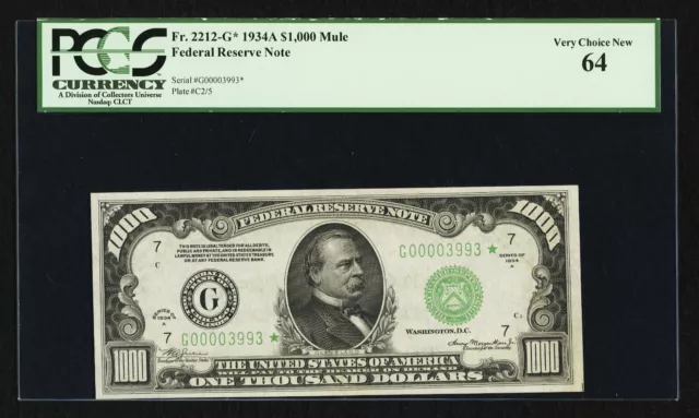 Fr 2212-G* 1934-A $1000 *Star* Frn Federal Reserve Note Pcgs Unc-64 Finest Known