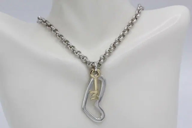 MOVADO 925 Silver/18K Gold Heart & Key Chain Link Necklace 16" Long