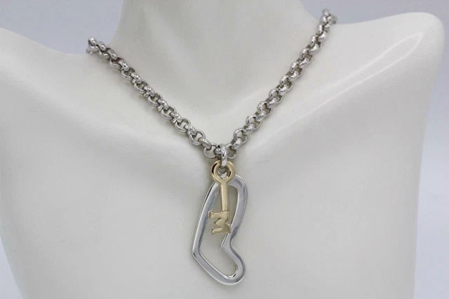 MOVADO 925 Silver/18K Gold Heart & Key Chain Link Necklace 16" Long