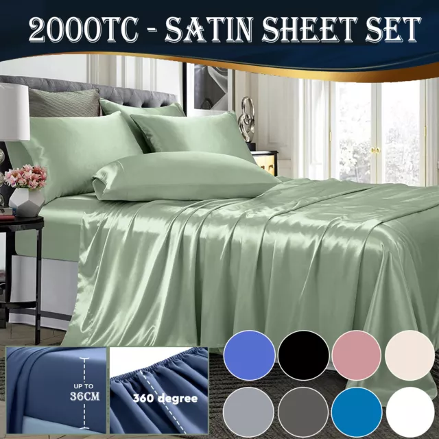 2000TC Silky Satin Bed Fitted Flat Pillowcases Sheet Set Double Queen KingSingle