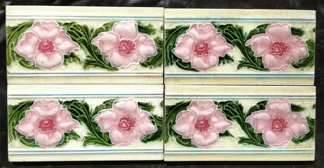 Antique Glazed porcelain Majolica 4 tile 3"x 6" Art & craft Border frame display