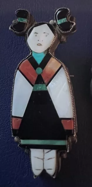 Superb Zuni attr. Daisy Hooee Nampeyo Poblano Maiden Pin Mosaic Inlay 1940s Superb Zuni attr. Daisy Hooee Nampeyo Poblano Maiden Pin Mosaic Inlay 1940s
